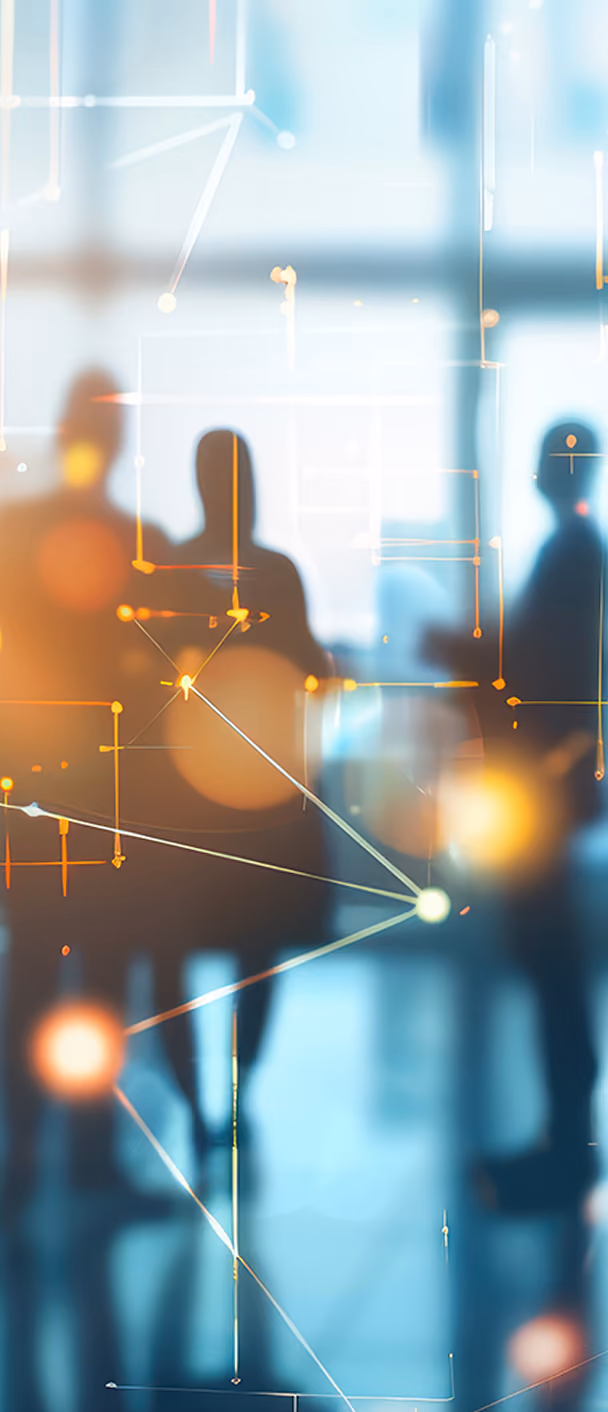 Blurry silhouettes of people behind glowing digital network lines and nodes in blue-orange hues.