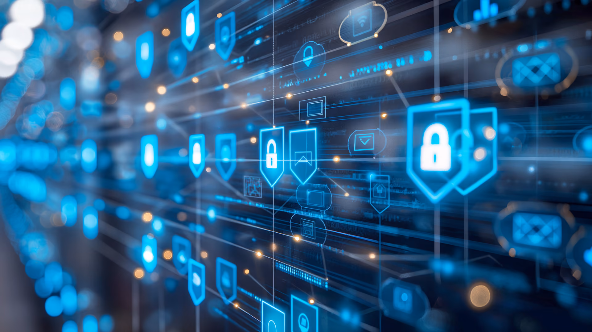 Digital network with glowing blue security shield and lock icons on a dark data interface background.