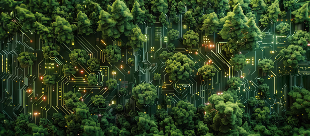 Green tree canopies growing on a dark circuit board, symbolizing eco-friendly technology.